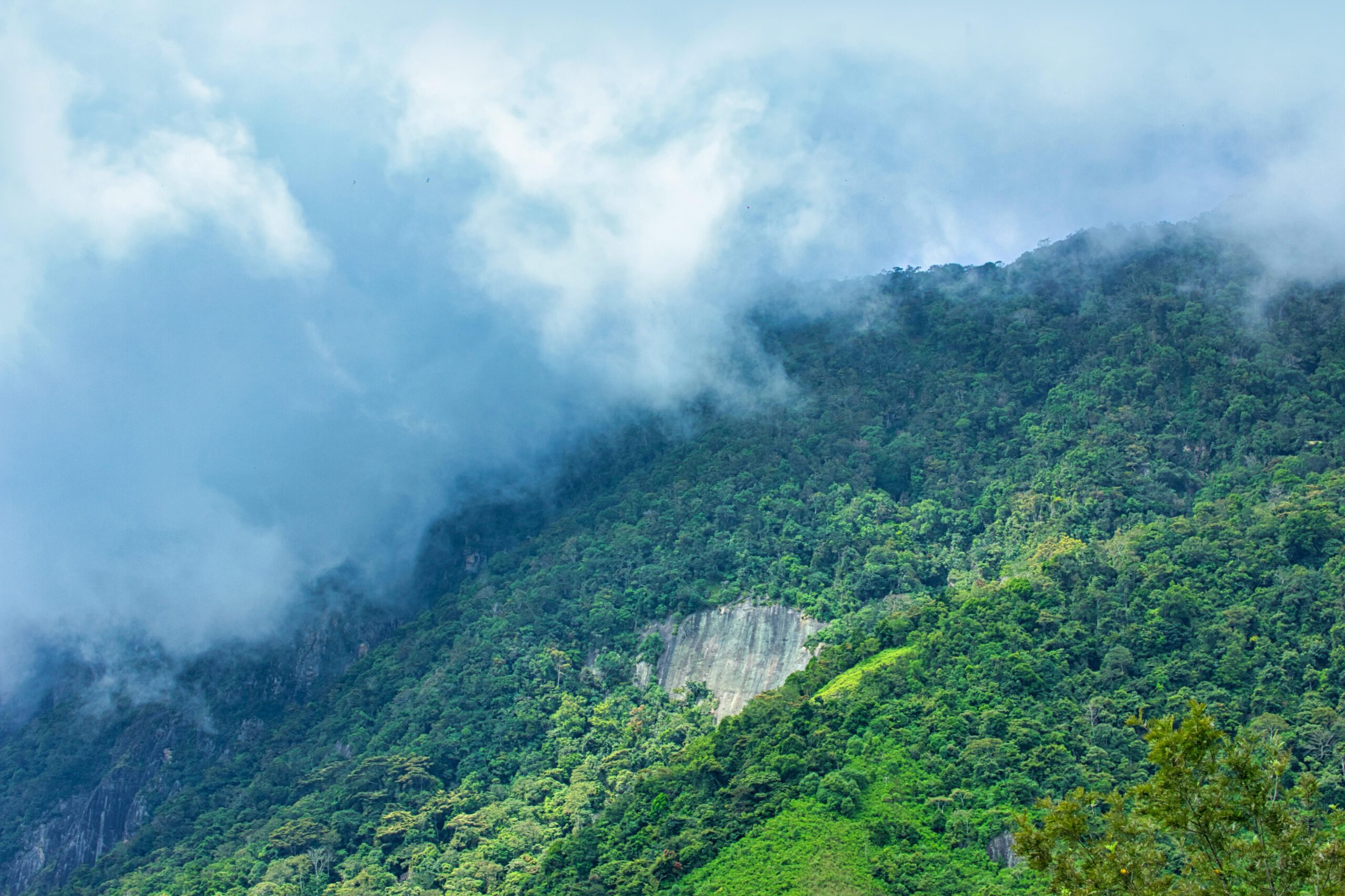 a green mountain with clouds